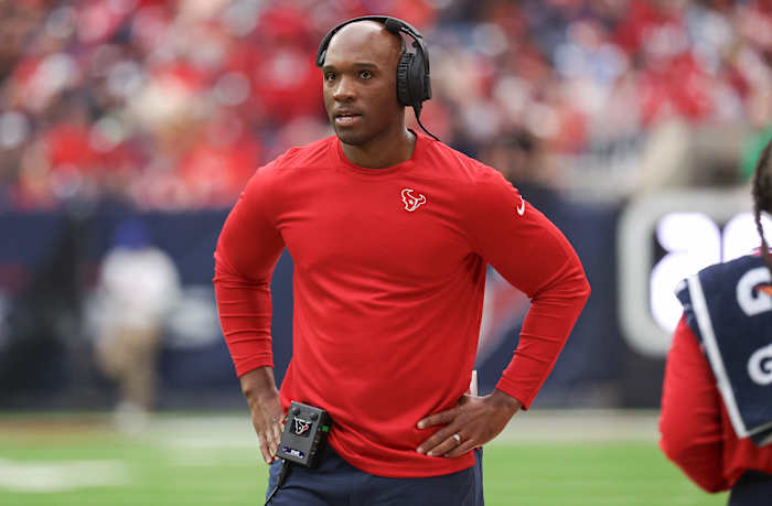 Texans head coach DeMeco Ryans looks on from the sideline during the first quarter against the Jacksonville Jaguars.